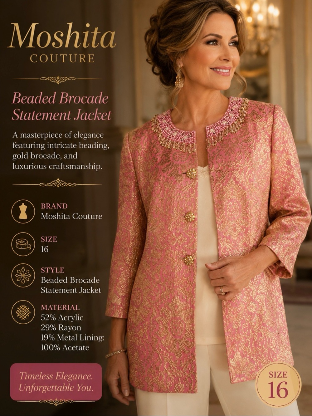 Moshita Couture brocade jacket Blazer pink gold floral pattern Bead Collar Sz 16